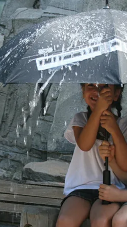 Zwei kleiner Kinder sitzen unter einem WSW Regenschirm mit Schwebebahnmotiv.