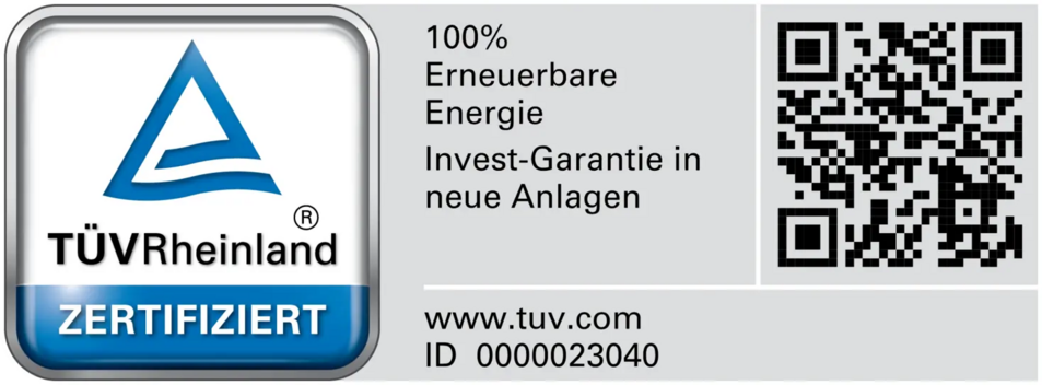 Das Logo der TÜV Rheinland Zertifizierung für Erneuerbare Energien