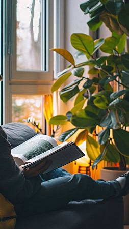 Ein Mann sitzt vor einer Fensterfront neben einem Bücherregal und liest ein Buch